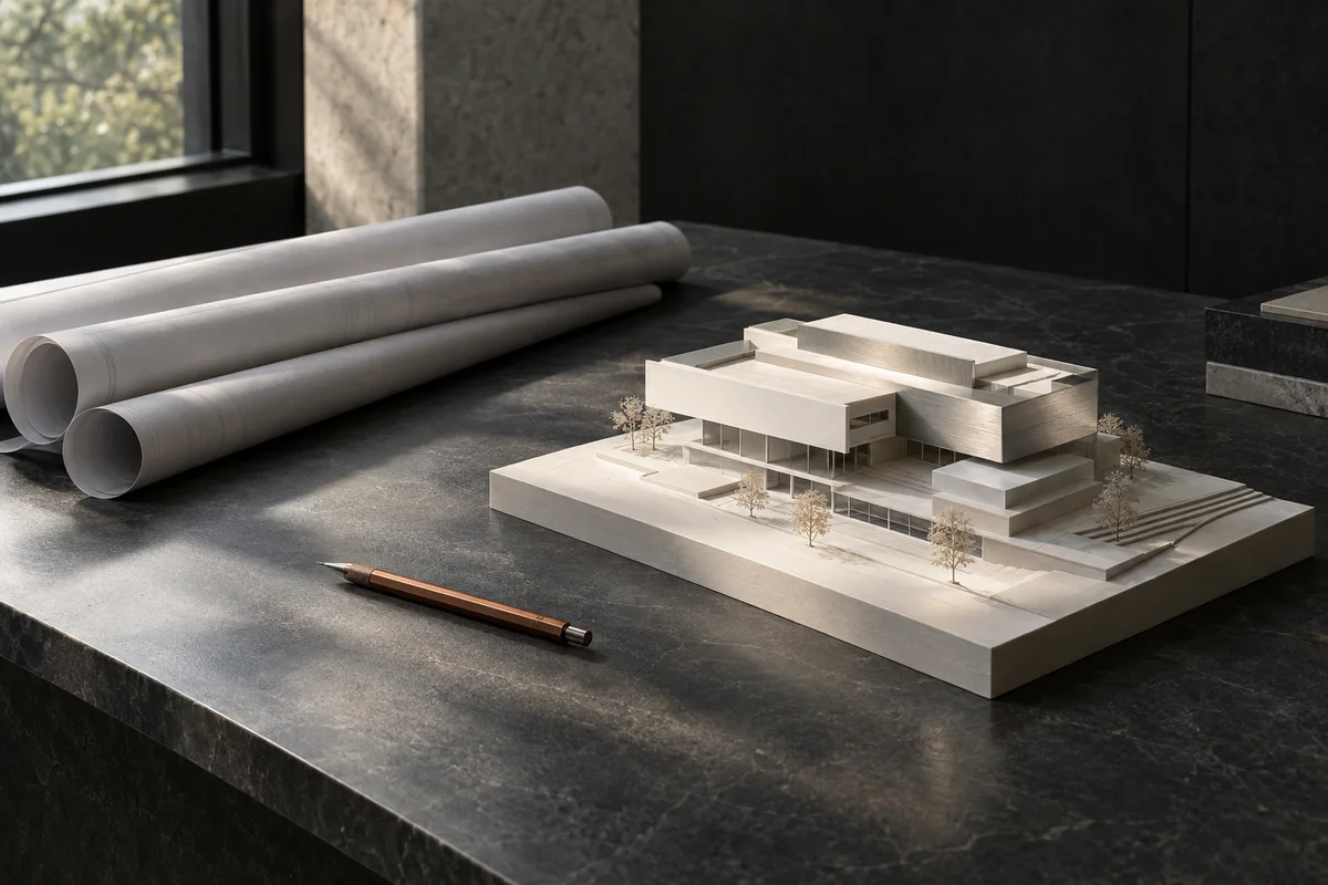 Architectural model and technical drawings on a dark worktable