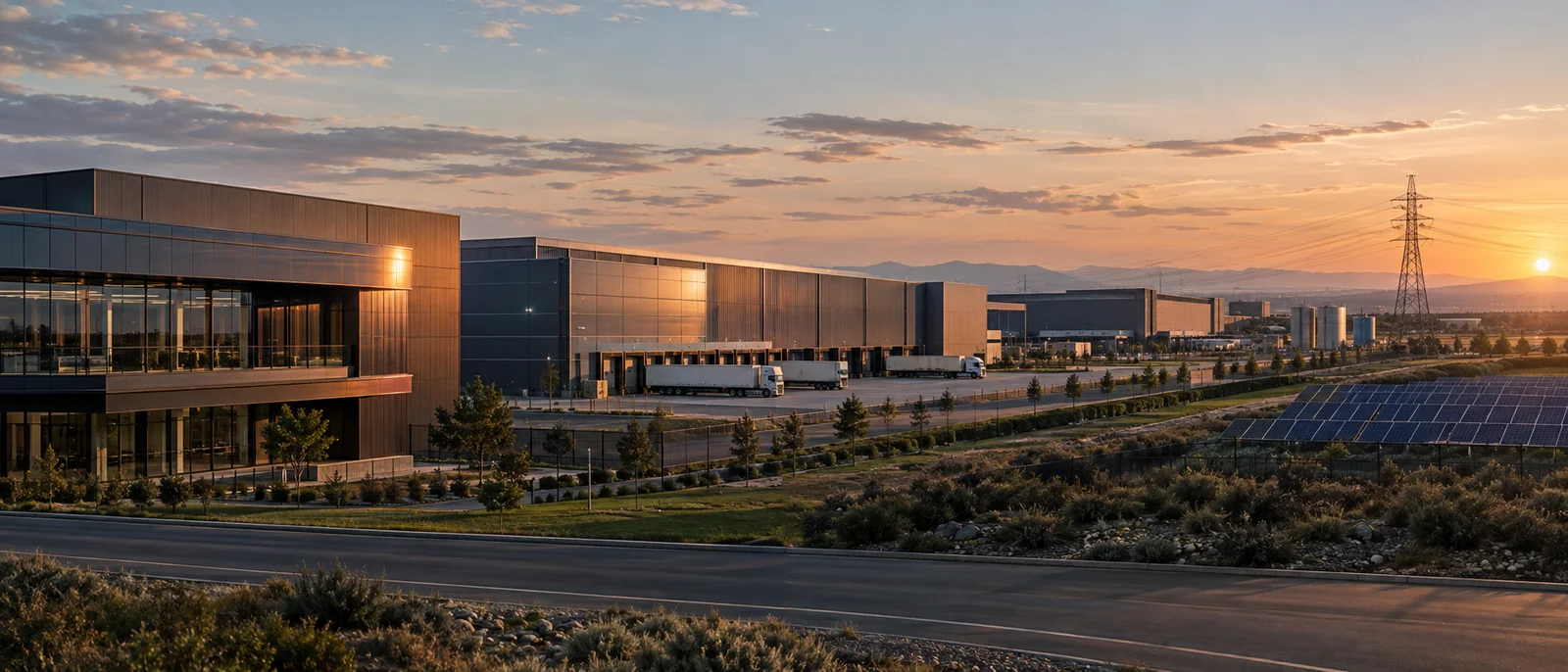 Modern industrial and energy campus in warm evening light
