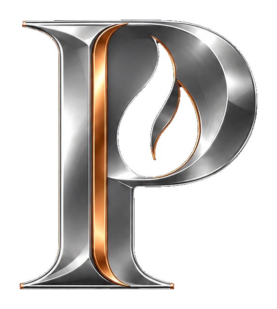 Prometheus Ventures platinum P and copper flame inset